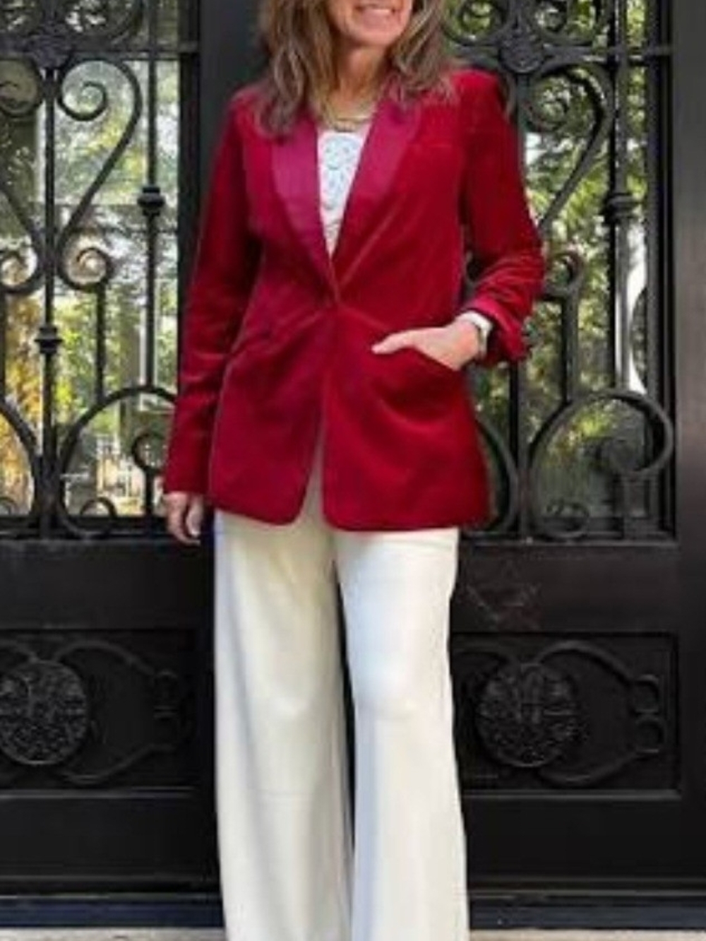 CAbi Deep Red Velvet Blazer with Satin Lapel